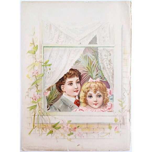 1898 Victorian Lithograph Beautiful Girl And Boy Children In Window DWMM4 - Picture 2 of 2